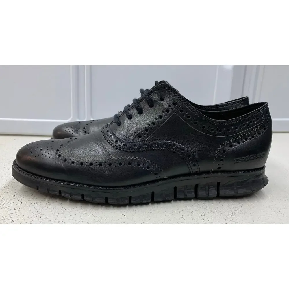 Men Cole Haan Zerogrand Wing-Tip Oxford solid black leather dress shoes, 10.5M